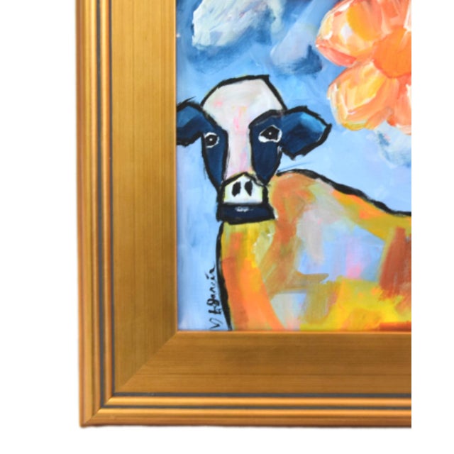 Colorful, whimsical, abstract portrait of a cow bull on stretched artist canvas. Signed by the talented artist "Franccesca...