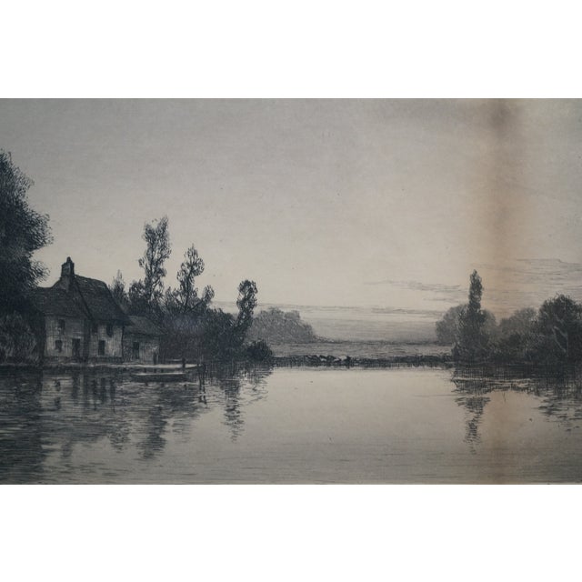Antique Charles Mielatz Signed Waterfront House W Dock Landscape Etching 23" For Sale - Image 9 of 13
