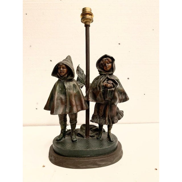 Brown Antique Spelter Bedside Lamp with Children, 1900s For Sale - Image 8 of 8
