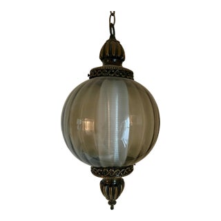 Vintage Mid-Century Smoked Glass Swag Lamp With Ornate Metalwork, 1960s For Sale