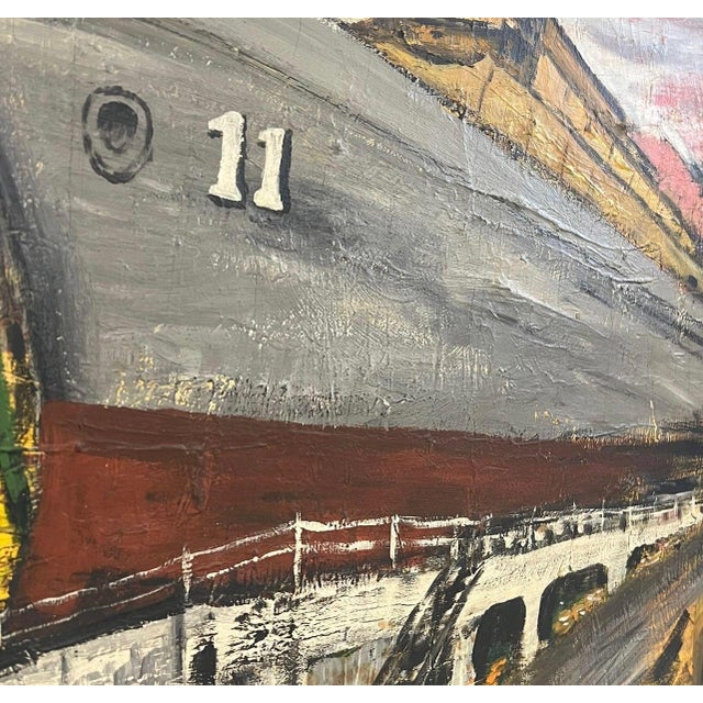 1970s Vintage Mid-Century Industrial Shipyard Painting Signed Framed Harbor Maritime Scene. For Sale - Image 5 of 10