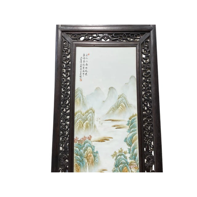 Black Large Chinoiserie Hand Painted Famille Rose Porcelain Wall Panel 67.5" H For Sale - Image 8 of 13