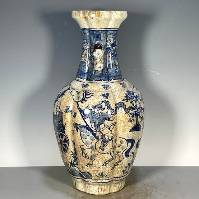 Late 20th Century Chinese Blue & White Crackle Glaze Porcelain Vase With Tiger & Figural Motif For Sale - Image 5 of 9
