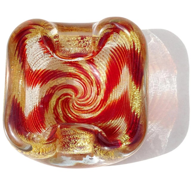 Mid-Century Modern Murano Vintage Red Bands Optic Swril Pattern Gold Flecks Italian Art Glass Chunky Ashtray Bowl For Sale - Image 3 of 11