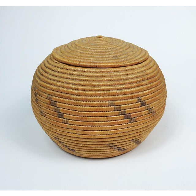 Vintage handmade coiled grass lidded basket. Not sure of origin, lid fits nice and tight, opening size 5.75" dia., fading...
