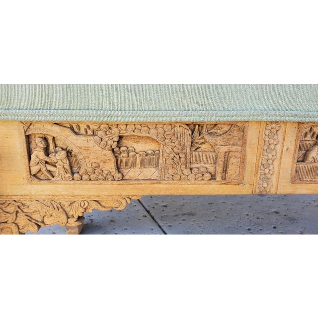 1920s Antique Chinese Hand Carved Upholstered Wooden Long Bench For Sale - Image 4 of 12