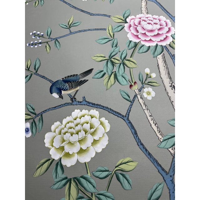 Muted Grey Chinoiserie Mural | 2-Panel Hand-Painted Floral & Bird Wallpaper For Sale - Image 4 of 6