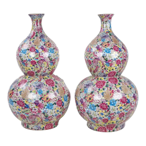 Pair of Antique Chinese Famille Rose Vase Thousand Flower Hu Lu