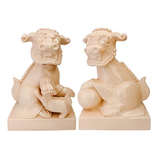 Large Scale Vintage Monochrome Blush Pink Glazed Ceramic Foo Dogs - A Pair For Sale
