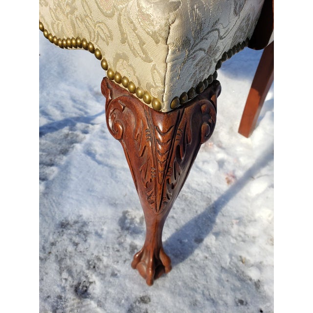 Thomas Chippendale 1920s Chippendale Style Dining Room Arm Chair Ivory Brocade Seat Ball & Claw For Sale - Image 4 of 11