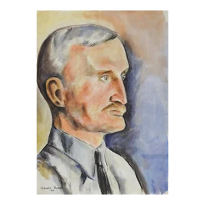 Vintage 1934 Modernist Watercolor Portrait Painting of Man