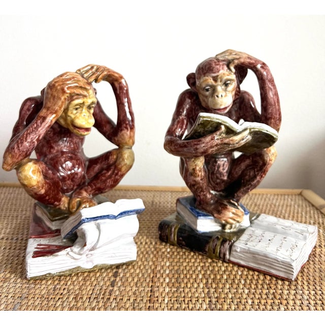Italian Italian Terra Cotta Majolica Monkey Bookends - a Pair For Sale - Image 3 of 12