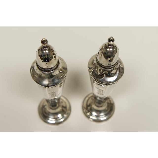 Victorian Monogramed "M" Weighted Sterling Silver Salt and Pepper Shakers For Sale - Image 3 of 8