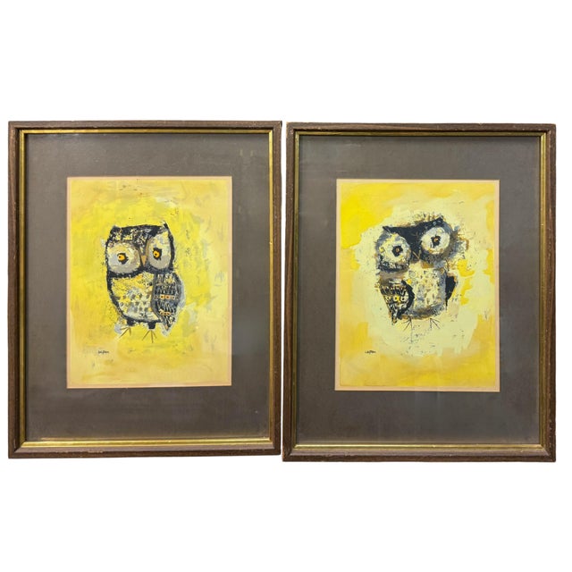 Mid-Century Modern Margaret Layton Hand Colored & Signed Owl Framed Lithographs - S/2 For Sale - Image 4 of 10