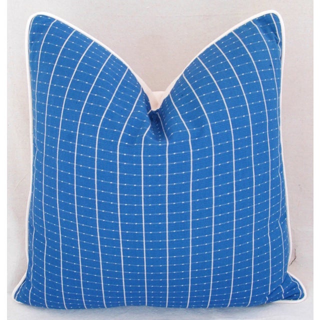 Large custom-made pillow in a vintage/never used woven blue and white cotton fabric. Pillow back off-white velvet fabric....