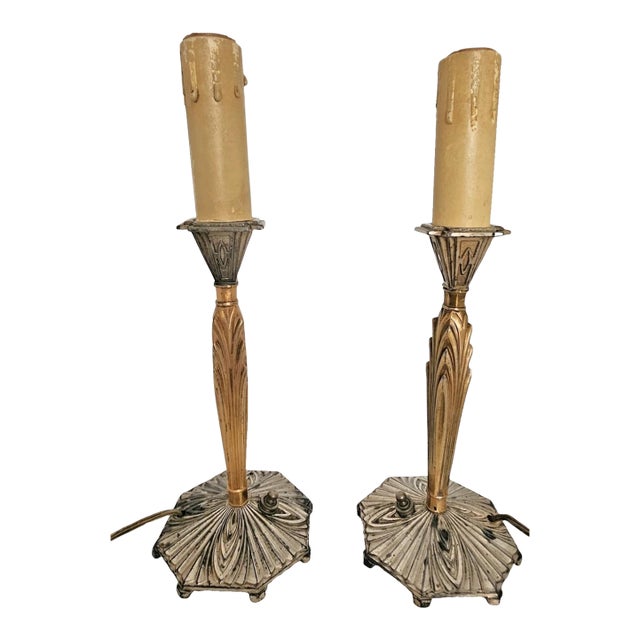 Share Pair of 1920s Art Deco Bronze Candle Lamps Skyscraper Base, Nickel & Gold Plated For Sale