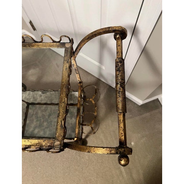 Metal Vintage Hollywood Regency Neoclassical Gilt Rolling Iron Glass Bar Cart Trolley For Sale - Image 7 of 12