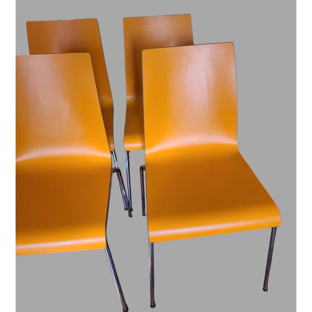 Late 20th Century Vintage Set of 6 Dining Room Stackable Mid-Century Modern Orange Plywood Formica Chairs For Sale - Image 4 of 11