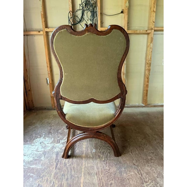 Brown Early 20th Century Antique Victorian Style X Base Carved Open Armchair For Sale - Image 8 of 12