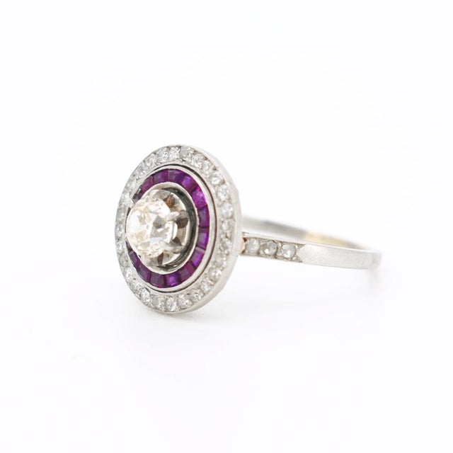 Art Deco Circa 1930 Antique French Art Deco Engagement Ring, Platinum, Diamonds, and Ruby Halo For Sale - Image 3 of 9