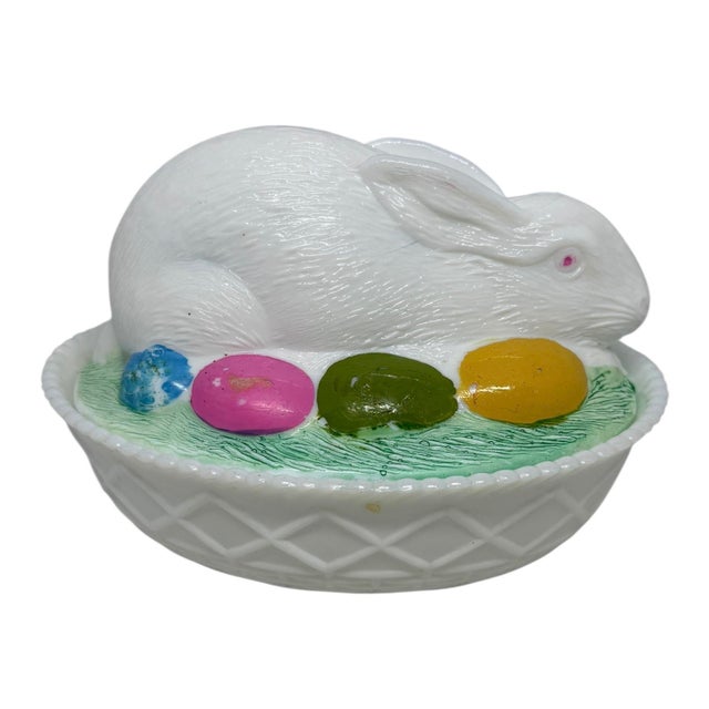 1970s Vintage Milk Glass Easter Bunny Rabbit Covered Painted Candy Trinket Dish & Lid For Sale - Image 5 of 12
