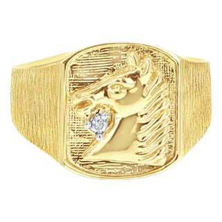 Horse Head with Diamond Signet Ring 10k Yellow Gold, Size 12 For Sale