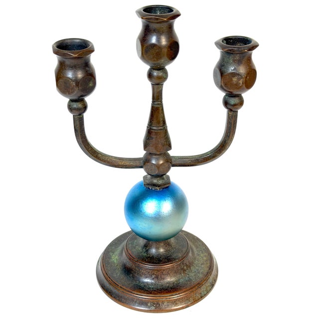Pair Tiffany Studios No. 1312 Patinated Bronze & Blue Favrile Glass Candelabra For Sale In West Palm - Image 6 of 16