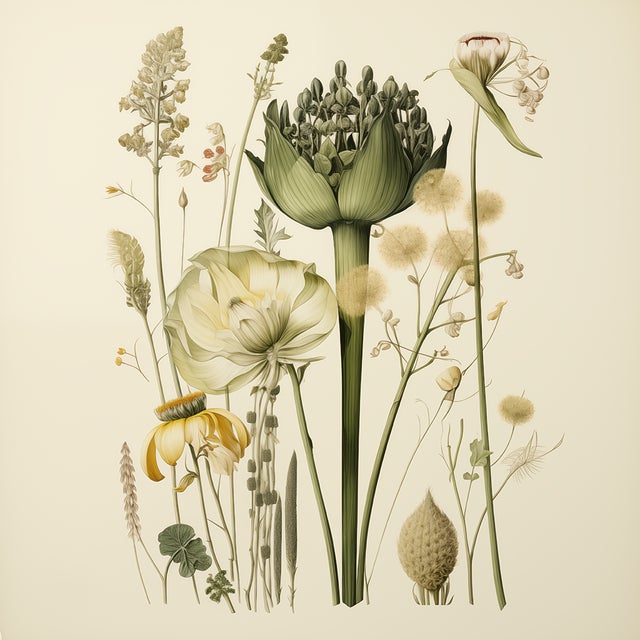 This fine art print reproduces a beautifully detailed 19th-century botanical illustration depicting an elegant arrangement...