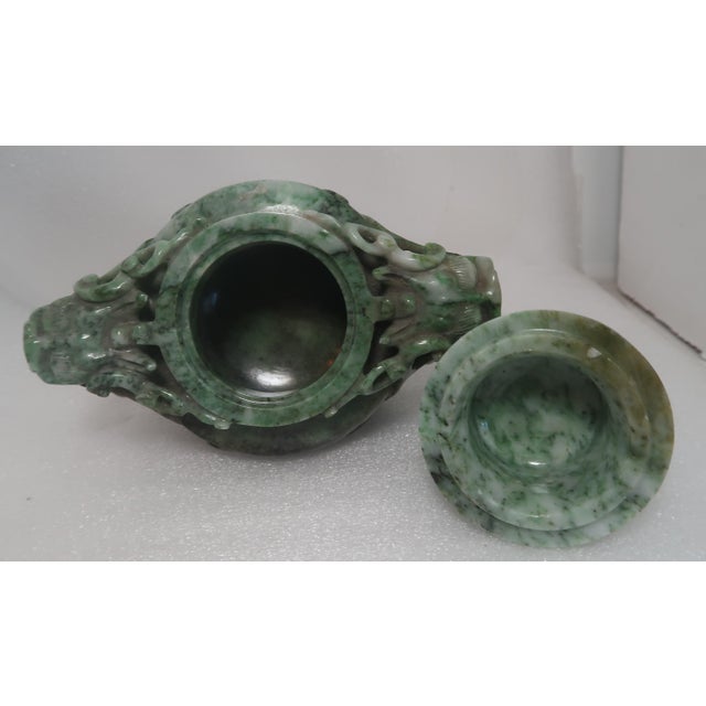 Vintage Chinese Jade Incense Burner, Covered, With Tripod Feet, Foo Dog Finial and Dragon Head Loose Ring Handles For Sale - Image 11 of 16