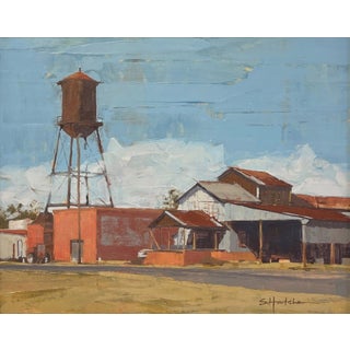 Cotton Gin by Stephanie Hartshorn | Oil on Board Painting of a cotton gin and water tower For Sale