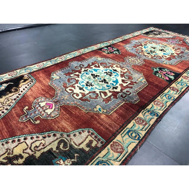 Wine Oversize Medallion Design Vintage Turkish Oushak Faded Runner Rug For Sale - Image 8 of 11