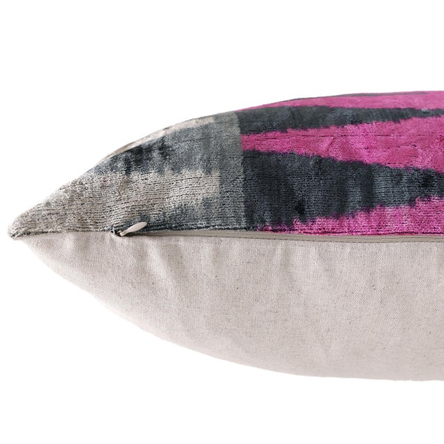 Luxury Pink, Charcoal and Natural Silk Velvet Ikat Lumbar Pillow 16x24 Inch With Down Insert For Sale In San Francisco - Image 6 of 8