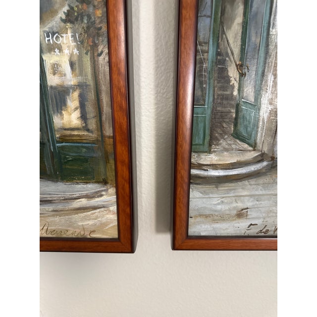 Wood 1990s Elegant European Italian Streets Wall Art Painting – Matching Framed Pair For Sale - Image 7 of 12