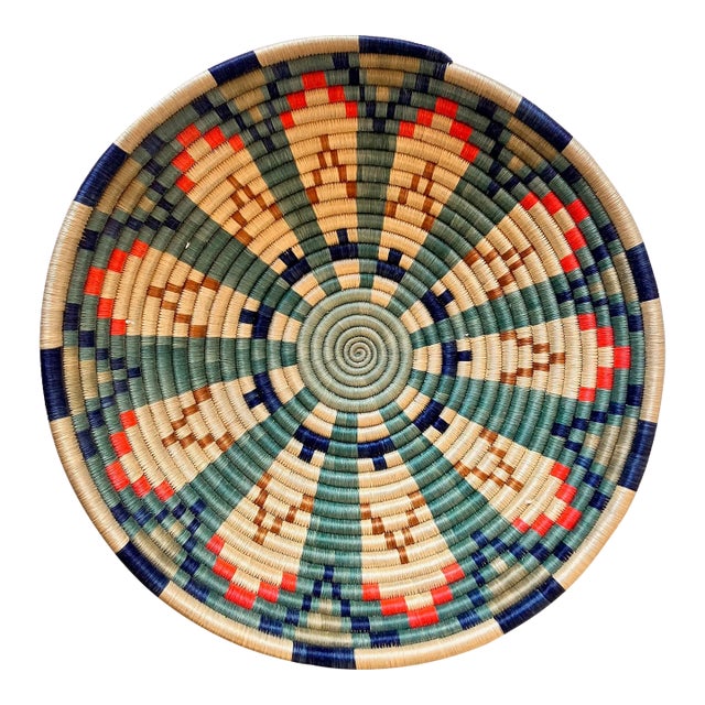 Woven Natural African Basket With Teal Blue & Cream Design For Sale