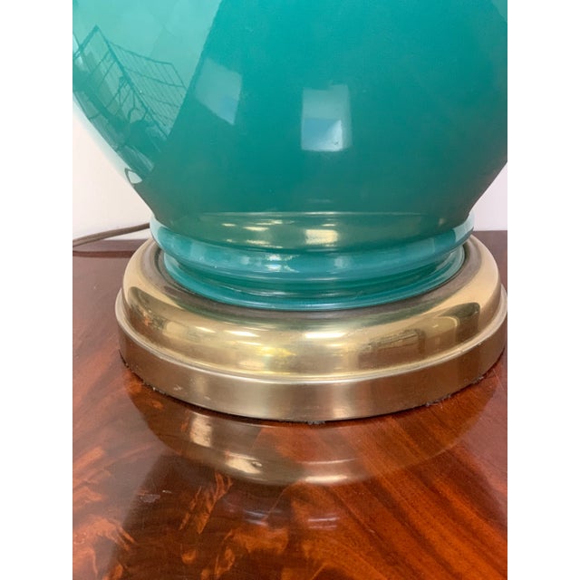 Mid 20th Century Vintage Teal & Brass Glass Lamp For Sale - Image 5 of 6