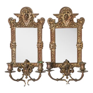 Antique Neoclassical Style Mirrored Bronze Sconces- a Pair For Sale