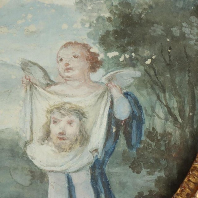 Cherubs and Symbols of the Passion, 18th Century, Oil Paintings on Paper, Framed, Set of 2 For Sale - Image 4 of 12