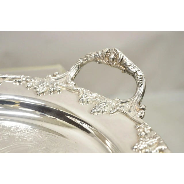 Mid 20th Century Mid 20th Century Lifetime Brand English Silver Plate Twin Handle Grapevine Round Serving Tray For Sale - Image 5 of 11