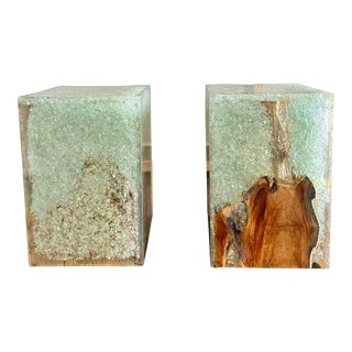 Matched Pair of Two Square Modern Made Goods Orion Resin Crystal and Wood Block Stools or Side Tables For Sale