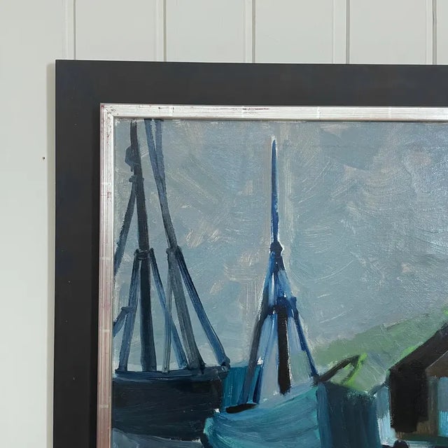 1950s Large Mid-Century Swedish Modernist Harbor Oil Painting by Dag Björn Hellsing For Sale - Image 4 of 11