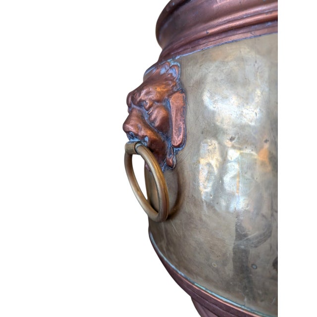 Antique French Copper and Brass Jardiniere With Crest and Lion Head Handles For Sale In Reno/Lake Tahoe - Image 6 of 12