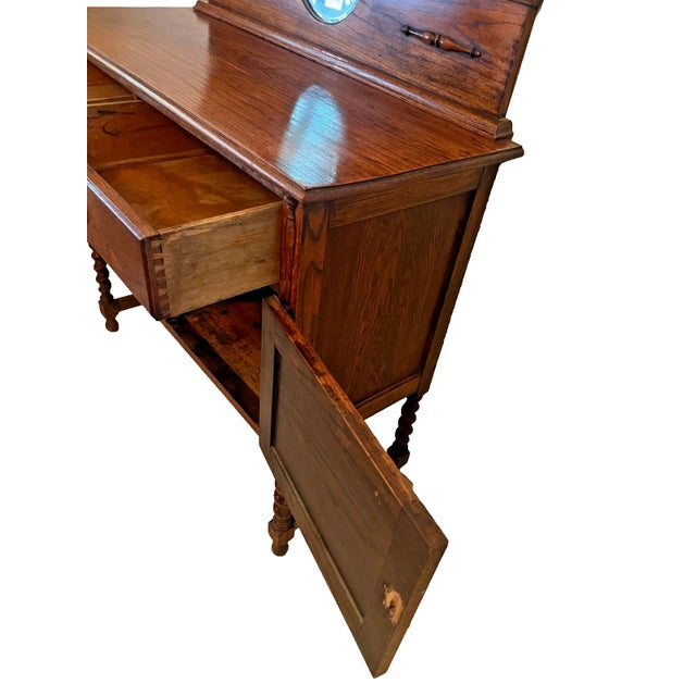 Antique Barley Twist Oak Server Cabinet Sideboard Buffet Console, Beveled Mirror For Sale In Palm Springs - Image 6 of 17