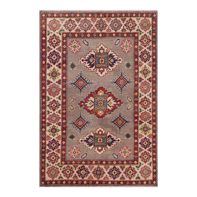 Southwestern Kazak Gray/Beige Wool Rug - 3'10''x5'10'' For Sale
