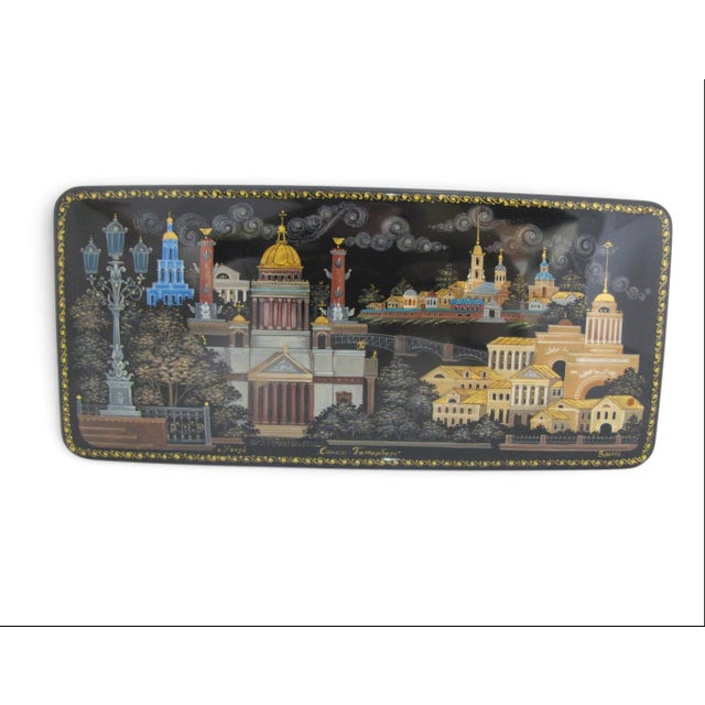 Russian Kholuy Panoramic Saint Petersburg Hand Painted Lacquer Casket Box Signed For Sale - Image 9 of 16