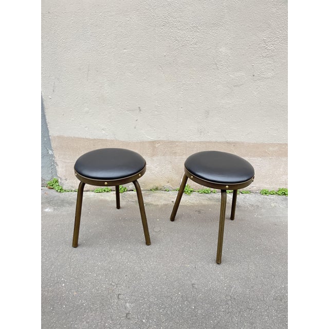Black Set of Stitched Leather Stools by Jacques Adnet, 1950 For Sale - Image 8 of 8