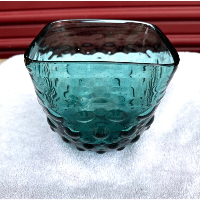 Vintage Teal Blue Empoli Hand Blown Hobnail Square Bowl For Sale In Palm Springs - Image 6 of 7