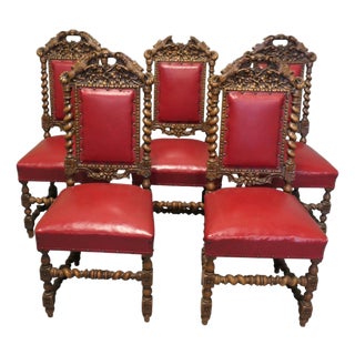 Antique Black-Forest Carved Oak Dining Chairs, Set of 5 For Sale