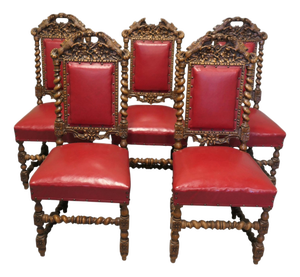 Antique Black-Forest Carved Oak Dining Chairs, Set of 5