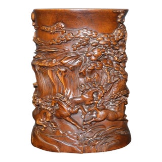 Vintage Chinese Boxwood Carved "Eight Horses" Brush Pot - 333g For Sale