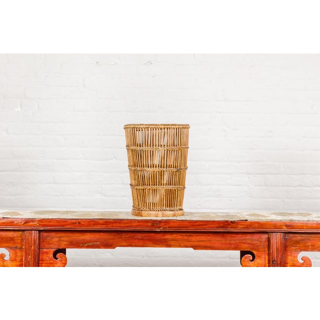 Country Style Rattan Waste Basket with Braided Woven Accents and Tapering Lines For Sale In New York - Image 6 of 12